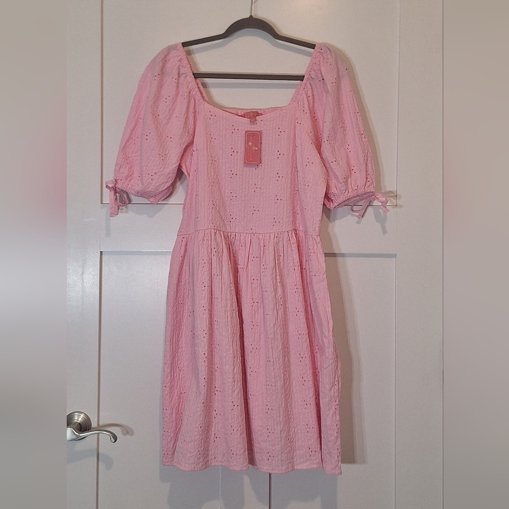 Simply Southern Cotton Eyelet Midi Dress Lined Puff Sleeves Pink New Size M